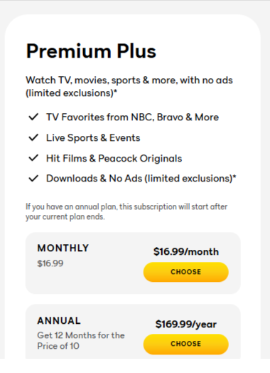 Peacock Tv premium plus plan