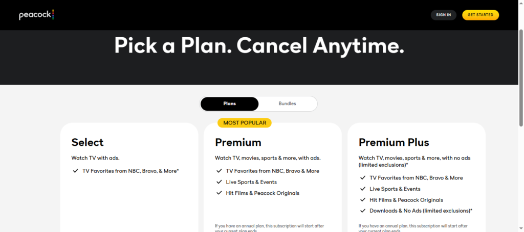 peacock Tv subscription plans